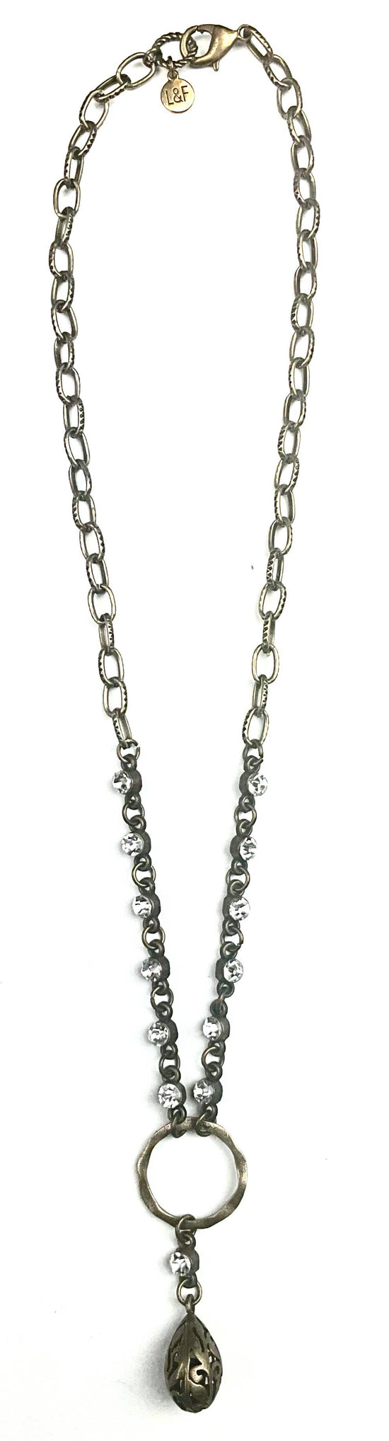 Lost and Found Short Crystal/Chain Link w/Filigree Tear Drop Necklace