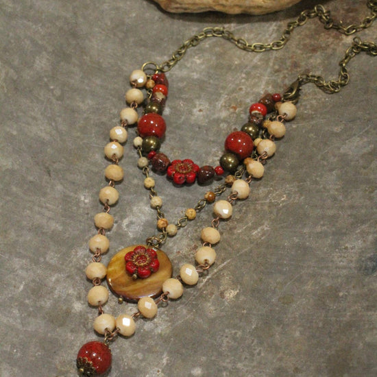 The Primitive Peddler, Inc. Red Czech Flower Stone Layered Pendant Necklace