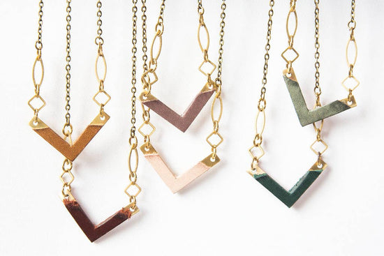 Permanent Baggage 18" Brass V Shaped Leather Necklace