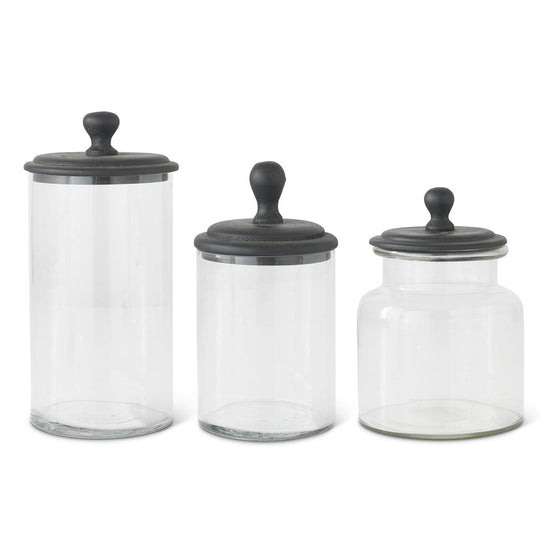 K & K Interiors Glass Jars w/Wooden Black Lid