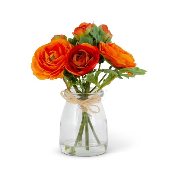 K & K 6.75 Inch Ranunculus Premade in Glass Vase w/Faux Water