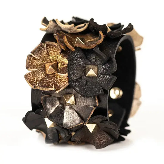 The Dark - Noir Bloom Studded Leather Cuff Handcrafted Floral