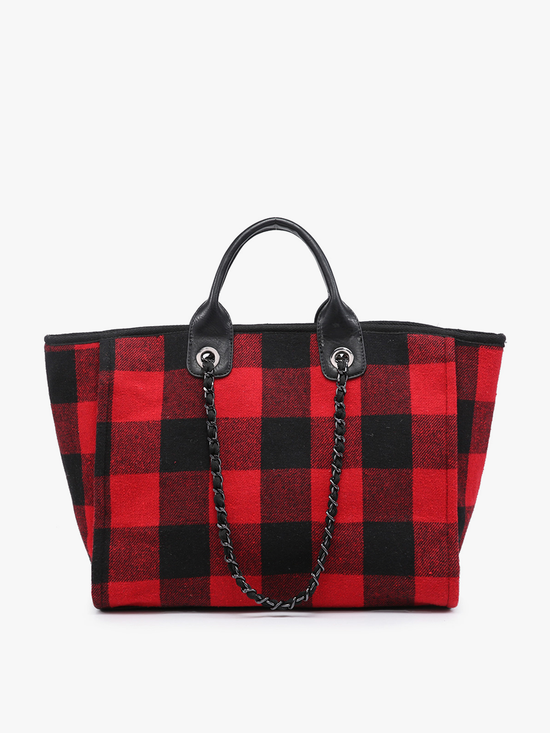 Jen & Co. - Kristina Satchel Bag – Chain Strap Style Red and Black Plaid