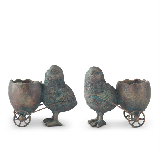 K and K Interiors Assorted Green & Copper Resin Chicks w/Egg Carts (2 Styles/Sizes)