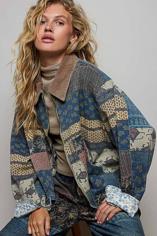 Pol Clothing - Mixed Patchwork Print Zip Front Corduroy Collared Jacket