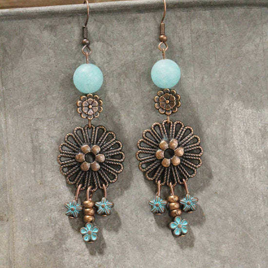 The Primitive Peddler, Inc. Copper & Shades Of Blue Floral Earrings