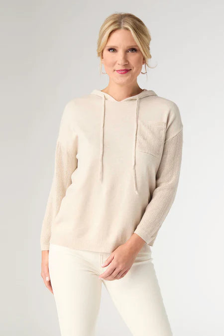 Coco & Carmen Lightweight Heavenly-Luxe 3/4 Sleeve Hooded Sweater with Textured Sleeve
