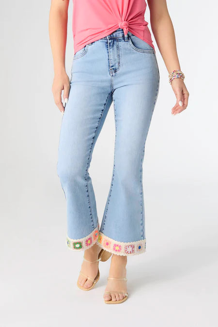Coco & Carmen EverStretch Flare Crop with Crochet Floral Trim