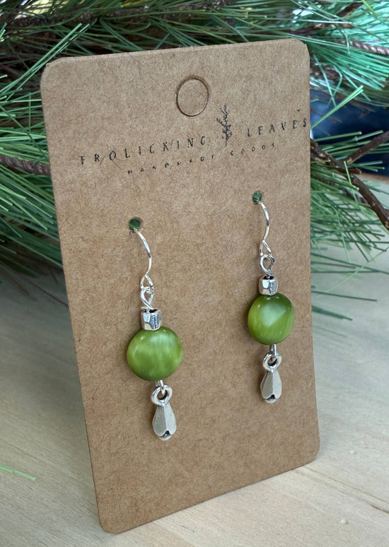 Frolicking Leaves Simple Green Opal Drop Earrings - Silver