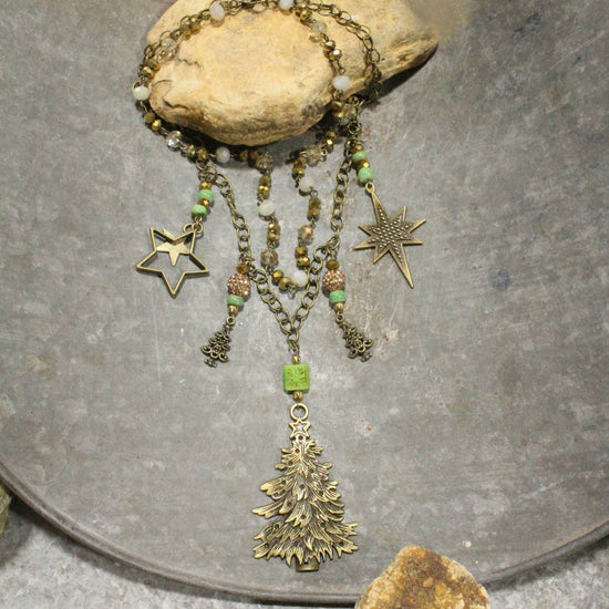 The Primitive Peddler, Inc. Golden Stars On The Tree Layered Christmas Necklace