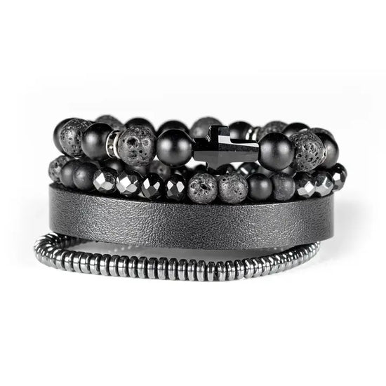 The Dark - The Shadow Set Black Onyx & Leather Bracelet Stack