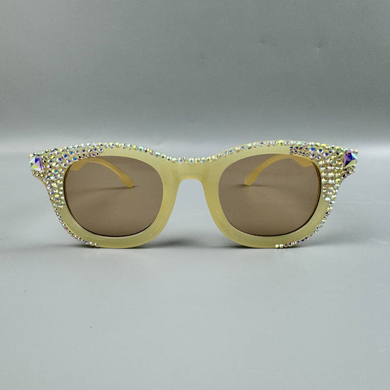 Ole - Handmade Rhinestone Round Sunglasses Light Yellow