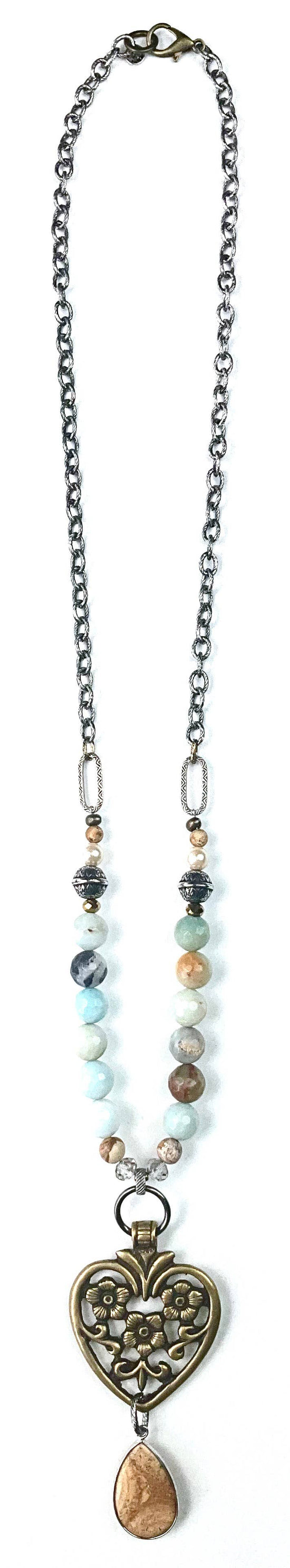 Lost and Found BEADED & CHAIN W/FILIGREE HEART PENDANT Necklace