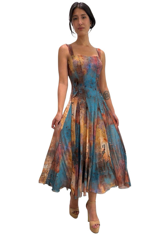 Elana Kattan MONET Sleeveless Tea Length Fit N Flare Paneled Dress