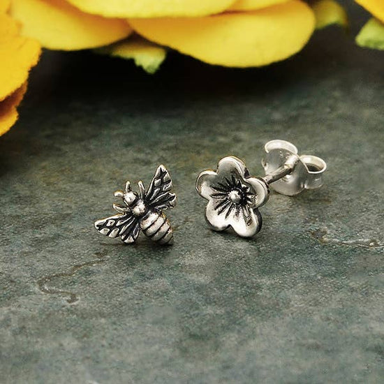 Nina Designs Sterling Silver Post Earrings Cherry Blossom and Bee 7x7mm