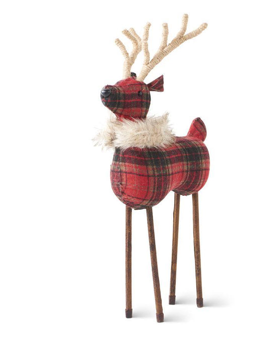 K and K Interiors 12 Inch Red Plaid Reindeer w/Twine Antlers and Fur Collar