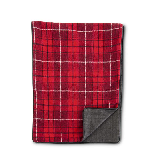 K & K Interiors 70 Inch Red Black & White Plaid Table Runner w/Leather Piping