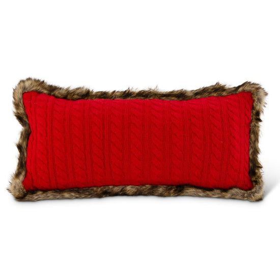 K & K Interiors 22 Inch Red Cable Knit Rectangular Pillow w/Brown Fur Trim