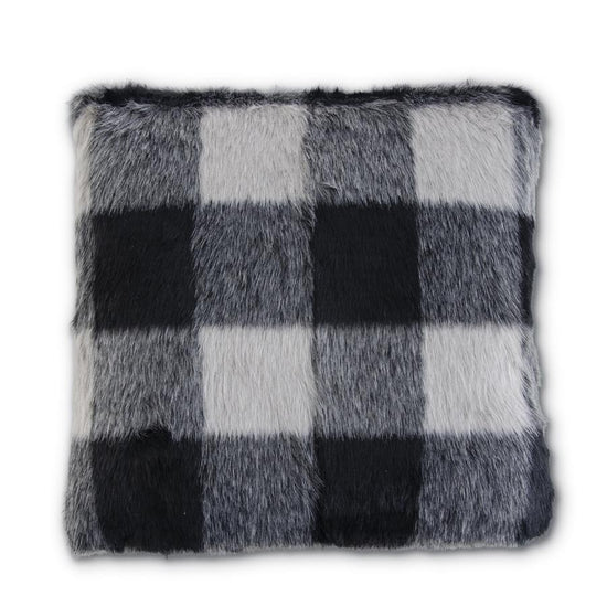 K & K Interiors 18 Inch Square Black & Gray Plaid Faux Fur Pillow