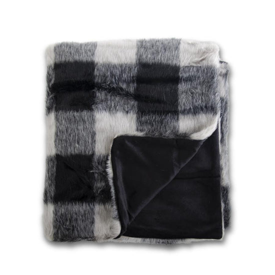 K & K Interiors 60 Inch Square Black & Gray Plaid Faux Fur Throw Blanket