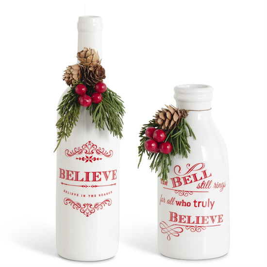 K & K Interiors White Ceramic Christmas Message Bottles w/Pine