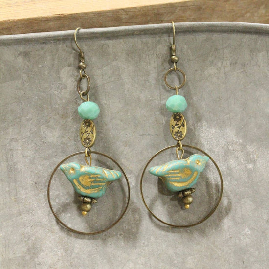 The Primitive Peddler, Inc. Bird Chirping Turquoise Czech Drop Earrings