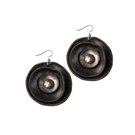 The Dark - The Eclipse Black Leather Sculptural Earrings with Metallic