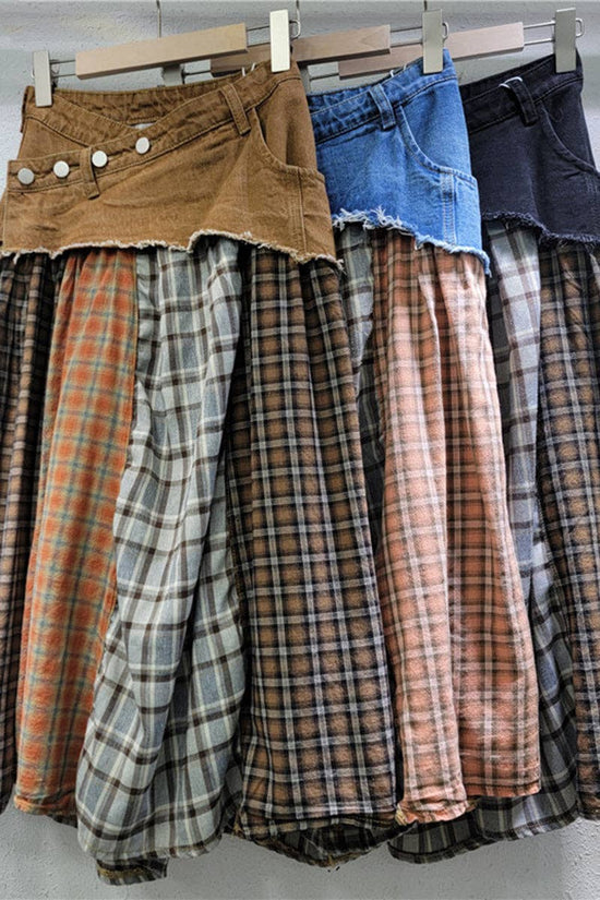 Soli Echo - Plaid Patchwork Asymmetrical Midi Skirt