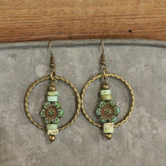 The Primitive Peddler, Inc. Czech Glass Flower Bronze Dangle Earrings