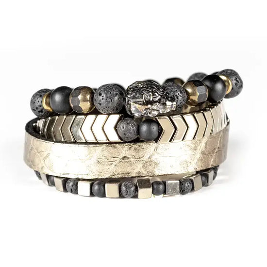 The Dark - The Alchemist Bracelet Set Gold Leather & Lava Stone Stack