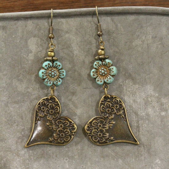 The Primitive Peddler, Inc. Czech & Bronze Mint Heart Charm Dangle Earrings