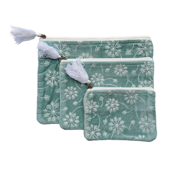 Chloe and Lex Velvet White Flowers on Soft Gray Blue Velvet coin purse.  Choose Size.