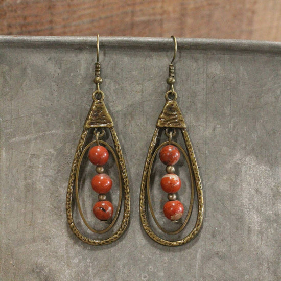 The Primitive Peddler, Inc. Bronze Teardrop Rusty Red Stone Dangle Earrings