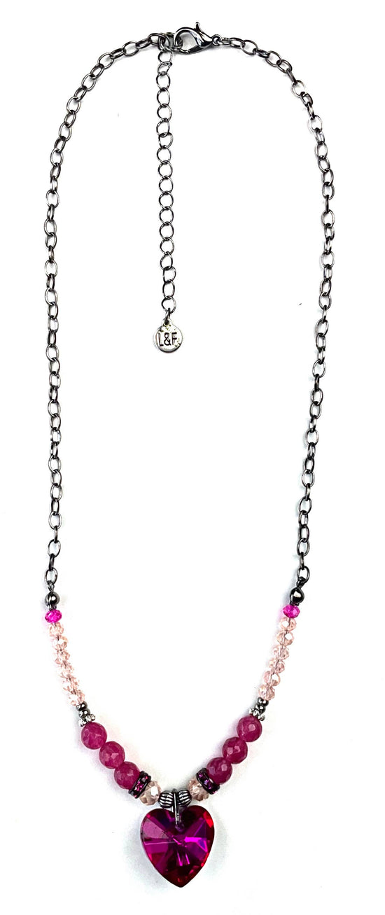 Lost and Found Short Beaded Chain Necklace with Faceted Glass Heart Pendant