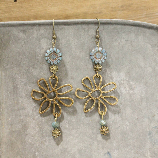 The Primitive Peddler, Inc. Fancy Flowers Blue Charm Dangle Earrings