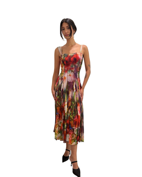 Elana Kattan BRUNA Sleeveless Tea Length Fit N Flare Paneled Dress