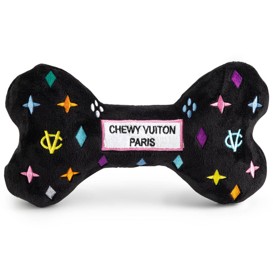 Haute Diggity Dog Black Monogram Chewy Vuiton Bone Squeaker Dog Toy