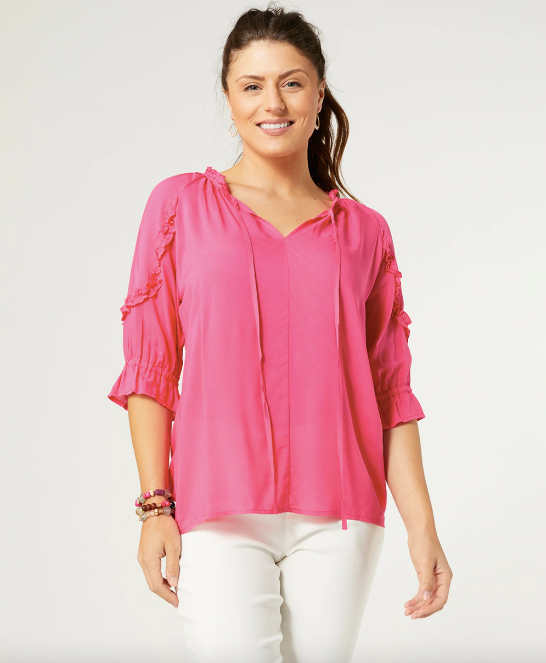 Coco & Carmen ALICE V-NECK RUFFLE SLEEVE TOP BRIGHT ROSE