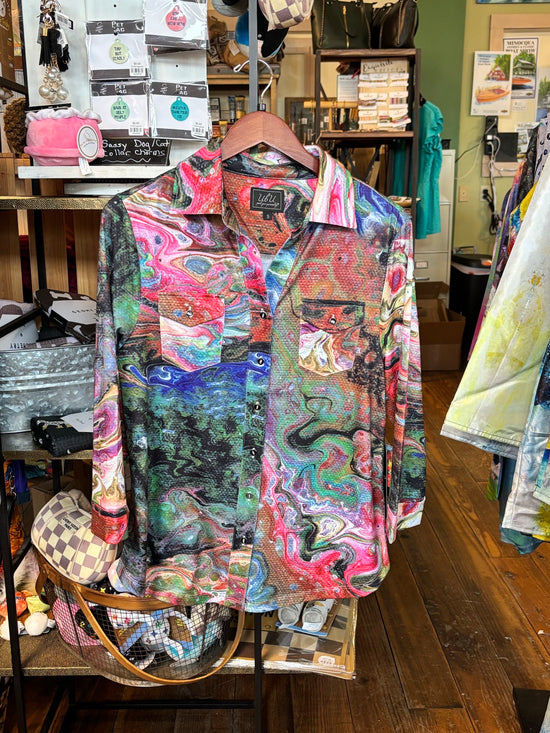 UBU 3/4 Sleeve Button Front Shirt in pattern With Miles to Go