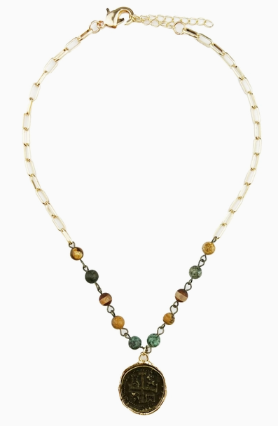 Ava Capri Cross Coin Stone & Gold Link Chain Necklace