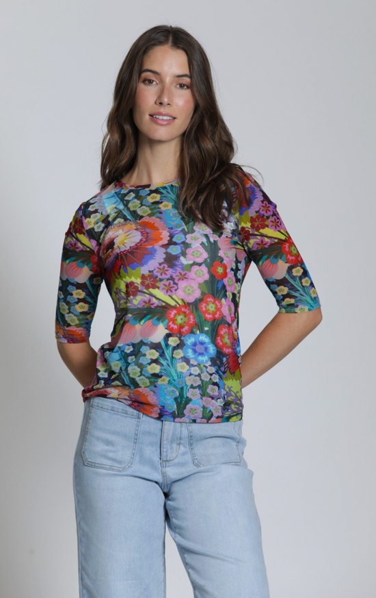 APNY Floral Print Mesh Top with Elbow Length Sleeves