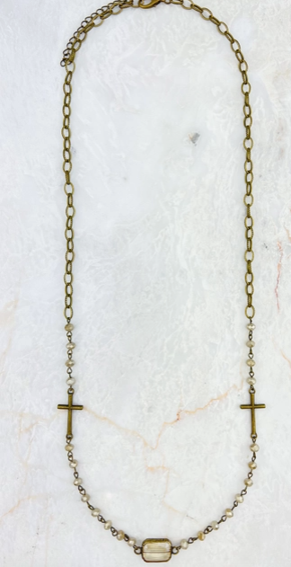 Ava Capri Mid Length Ivory Necklace with Cross and Crystal Pendant