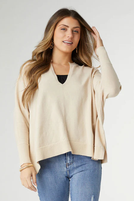 Coco & Carmen Rila Fine Gauge V-Neck Sweater with Side Slit