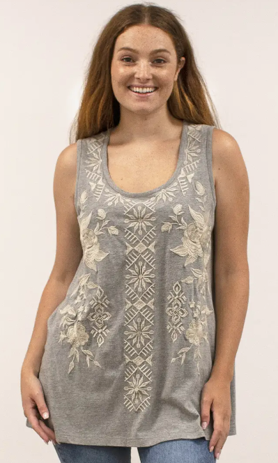 Caite and Kyla Embroidered Heather Gray Dil Tank