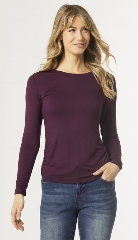 Coco and Carmen - Ashley Side Cinched Crew Neck Top - Dark Teal and Wine