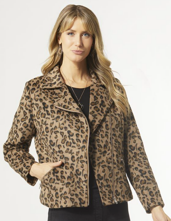 Coco and Carmen Yvonne Zip Up Moto Jacket - Black and Brown Animal Print