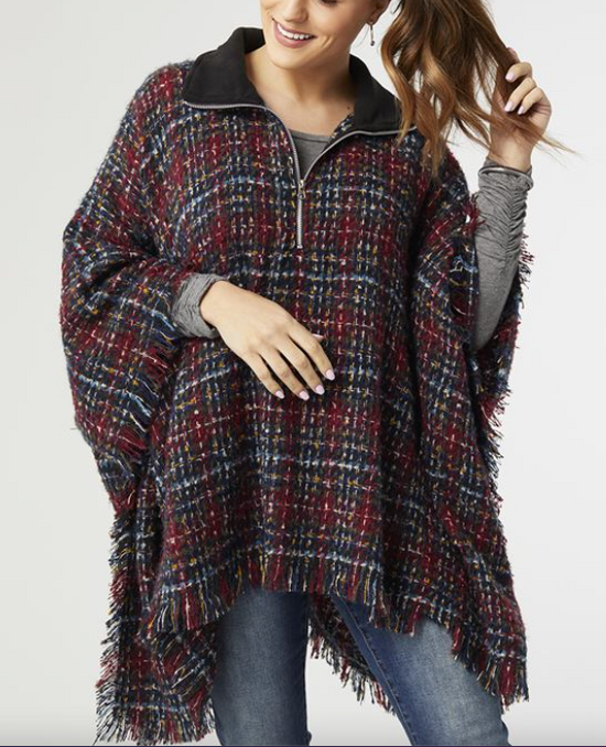 Coco and Carmen ASPEN QUARTER ZIP PONCHO WITH FAUX LEATHER TRIM