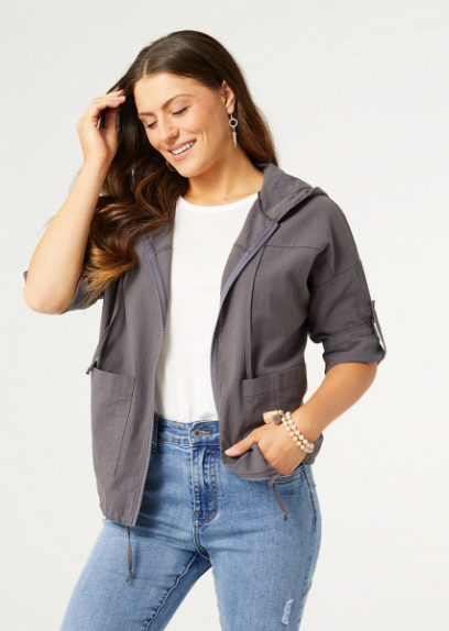 Kaliyah Hooded 3/4 Sleeve Zip-Front Jacket  Grey
