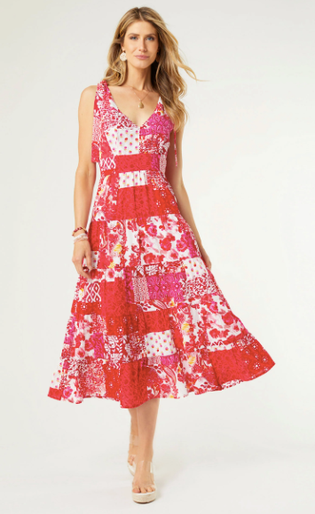 Coco & Carmen Adeline Tie Shoulder Tiered Dress Pink and Red