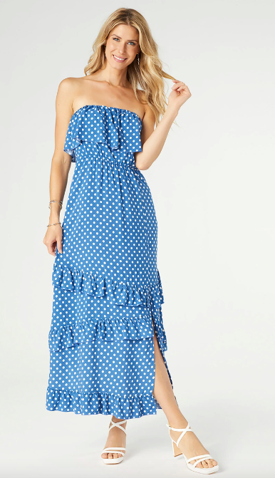 Coco and Carmen DALIA STRAPLESS DRESS WITH SIDE SLIT Blue with White dots